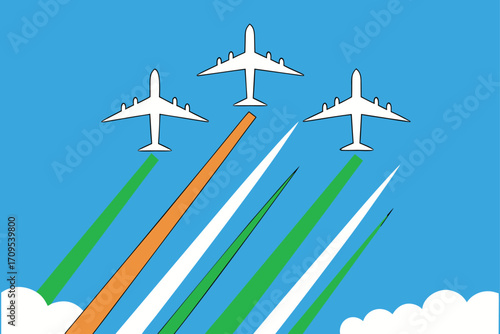Three white airplanes flying in formation leaving green orange and white trails in blue sky