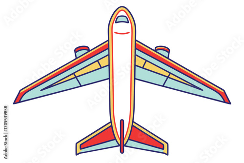 Top View Illustration of a Colorful Passenger Airplane on White Background Keywords: airplane, aircraft