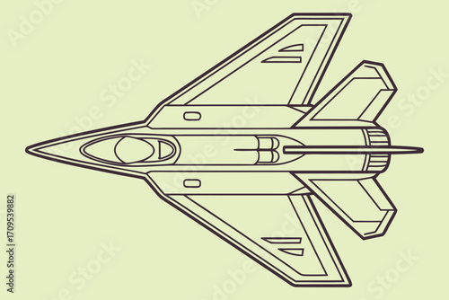 Top View Line Art Illustration of a Modern Fighter Jet Airplane aircraft military