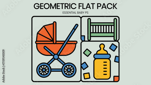 Geometric flat pack featuring a stroller, baby crib, and baby bottle with scattered geometric shapes around it