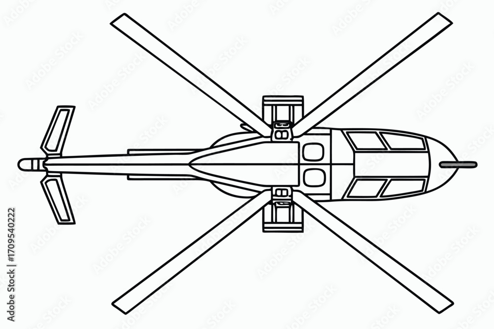 Fototapeta premium Top View Outline Drawing of a Modern Helicopter with Rotors and Tail Rotor aircraft aviation