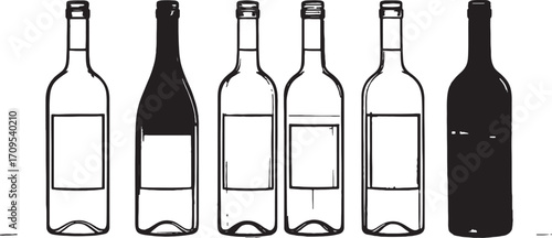 Minimal vector illustration of six wine bottles in black and white line art on clean background
