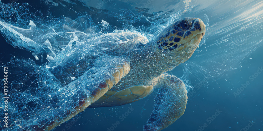 Obraz premium Sea turtle gracefully swims through ocean, surrounded by digital elements and water splashes, symbolizing intersection of nature and technology