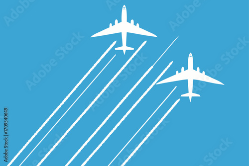 Two White Airplanes Flying with White Contrails Against a Blue Sky aircraft flight