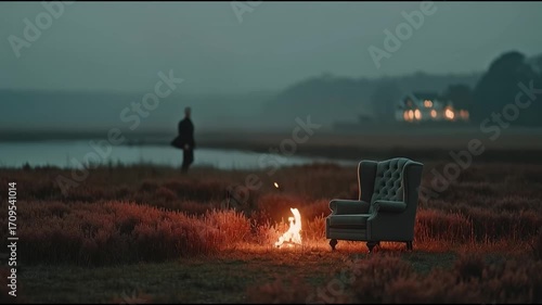 Man standing beside fireplace and chair