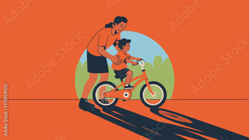 A woman helping a child ride a bicycle on an orange background with a green and blue circular shape