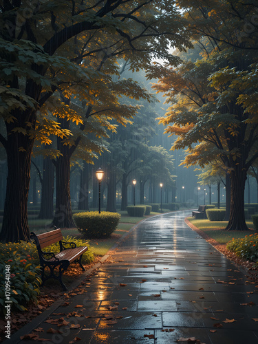 park, adorned by gentle touch of rain, became a mesmerizing spectacle as droplets delicately clung to leaves, paths shimmered with a newfound radiance, and benches beckoned for moments of profound int