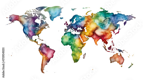 Watercolor world map, vibrant depiction of continents and oceans, minimalist design, isolated on white background, ideal for educational use or decorative purposes