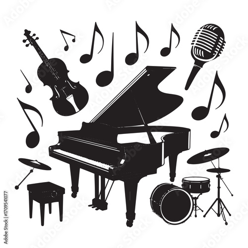 Musical Instruments Set Piano Violin Drums Microphones with Music Notes Vector Illustration