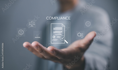 Business compliance and regulation concept showing digital document with check mark icon, symbolizing legal standards, corporate governance, risk management, policy, quality control in modern business