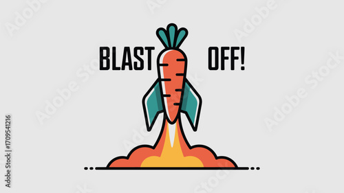 A cartoon carrot rocket ship blasting off with the words blast off above it on a light background