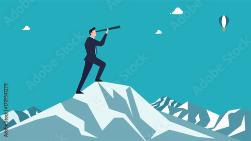 山頂に立ち望遠鏡を使って未来を見据えるビジネスマン　A businessman gazing into the future through a telescope atop a mountain peak