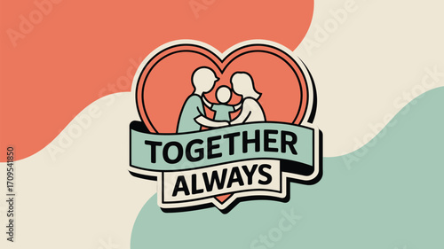 Illustration of family in heart with banner that reads together always on a pastel background