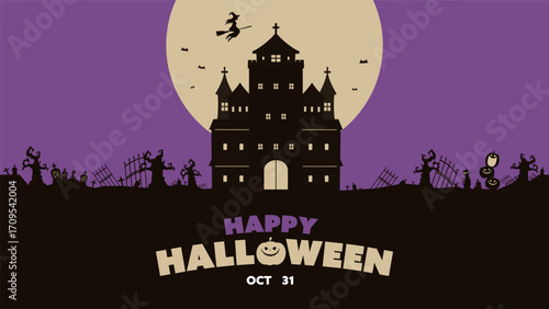 お化け屋敷と不気味な森のシルエットで飾られたハロウィン背景テンプレート（紫）　Halloween background template decorated with haunted house and eerie forest silhouettes (purple)