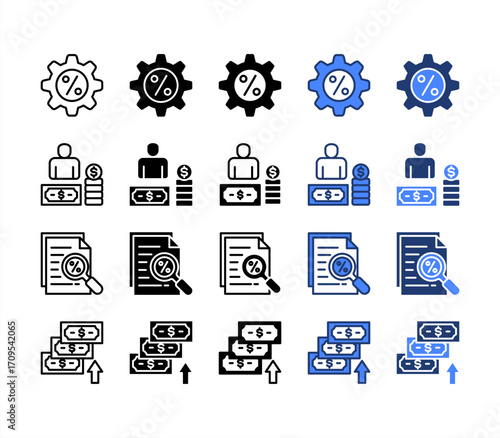 Percentage, Earning, Evaluating, Yiel, multiple style icon set.