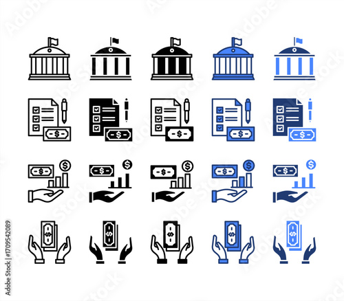 Institution, Financial Plan, Investing, Handling, multiple style icon set.