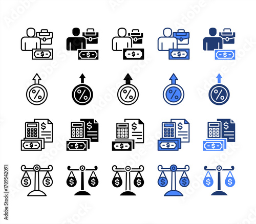 Businessman, Interest, Budgeting, Balance, multiple style icon set.