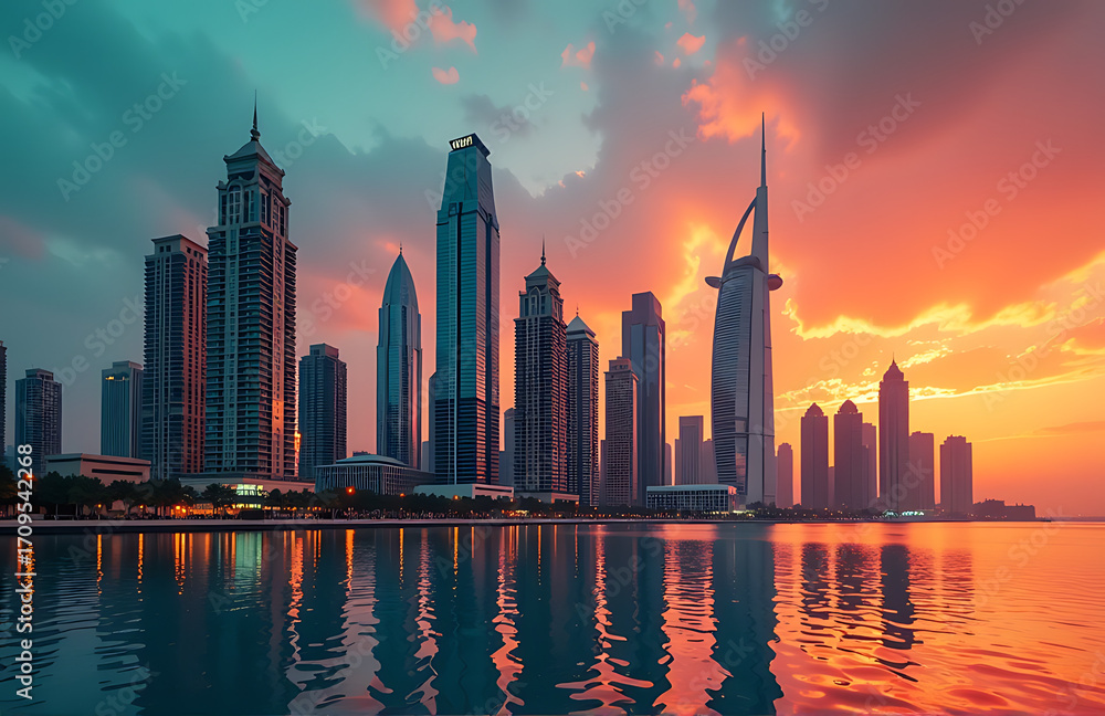 Obraz premium dramatic dubai skyline dusk illuminated warm golden light reflecting towering skyscrapers vibrant shades