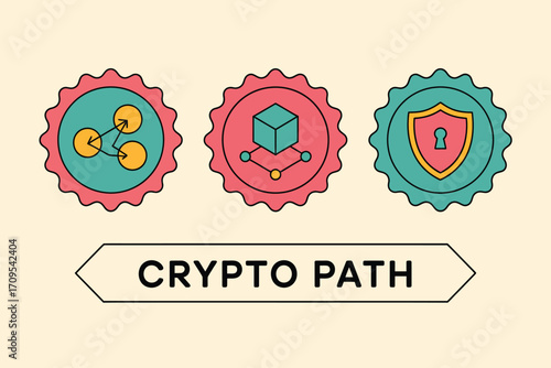Three circular icons with different symbols and a crypto path label on a light beige background