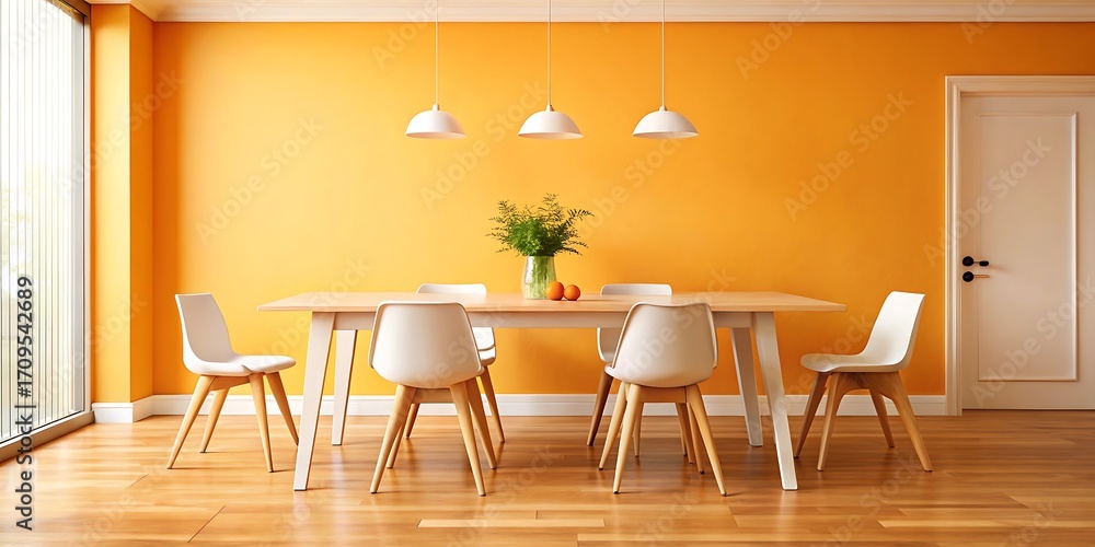 Fototapeta premium A bright and inviting dining room with an orange wall, a white table, chairs, and pendant lights.