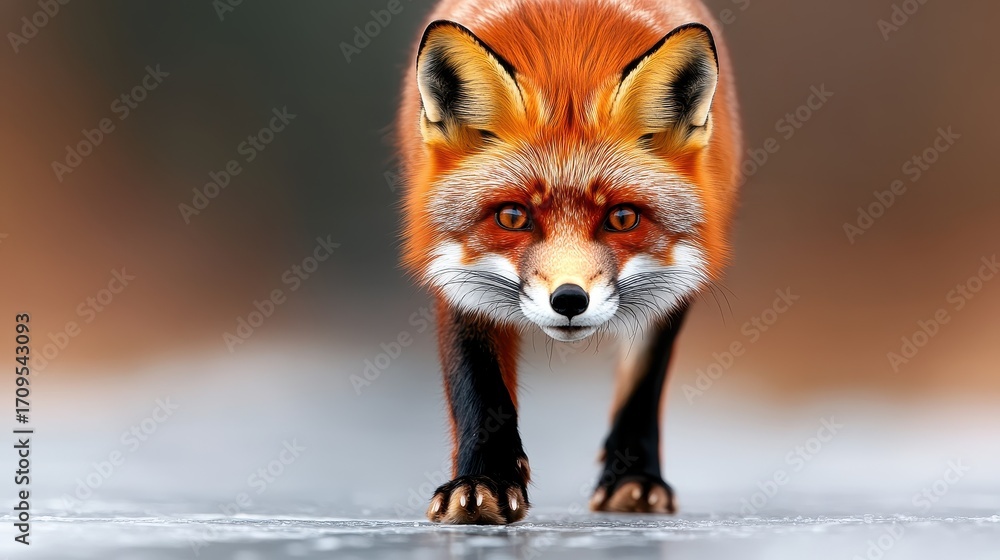 Fototapeta premium Majestic Red Fox Approaching on Frosty Ground in Winter Landscape