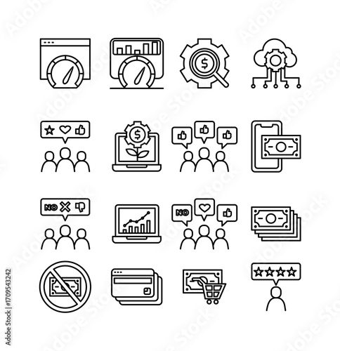 Business performance and digital commerce outline icon set including concepts like SEO, analytics, and customer ratings