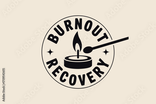 Circular burnout recovery logo with candle flame and matchstick on a light beige background design