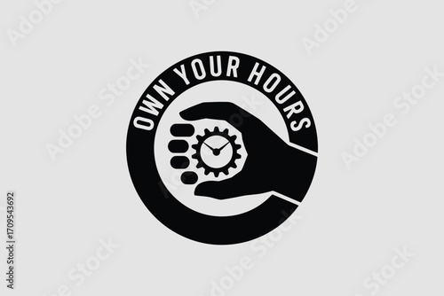 Black and white logo featuring a hand holding a clock gear inside a circle with text own your hours