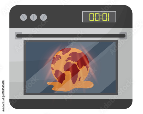 Planet Earth Melting in Oven isolated on transparent background. Global warming and climate heating concept. Climate crisis. Global temperature rise. Climate emergency. Flat style. Vector illustration