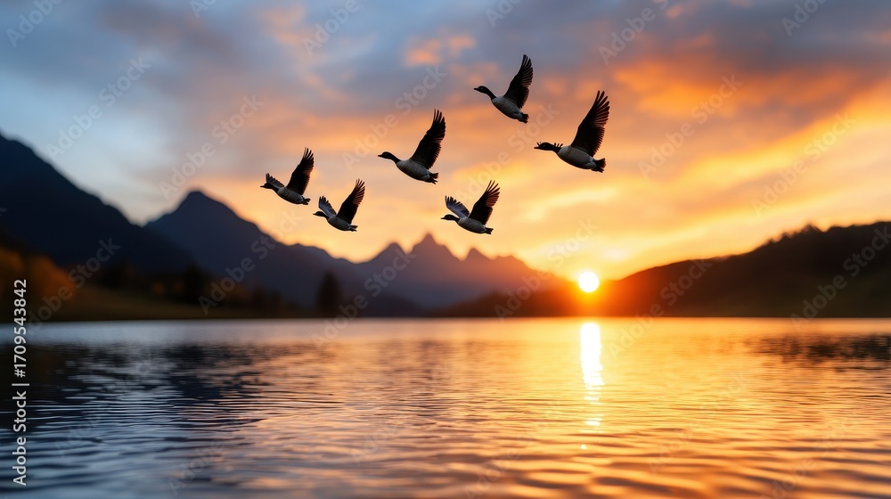 Fototapeta premium Majestic Sunset with Flying Birds Over Calm Lake and Mountains
