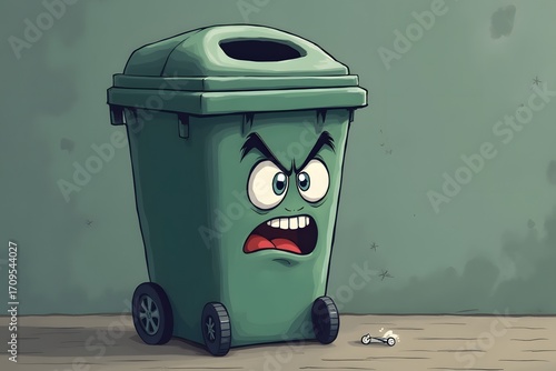 A trash bin with an angry cartoon face design.
