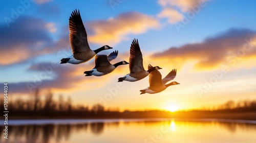 Four Geese Flying Over Water at Sunrise with Colorful Sky