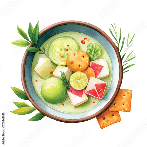 Watercolor Ceviche Bowl with Crackers Illustration.