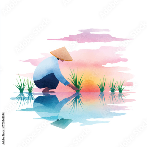Watercolor Farmer Planting Rice Seedlings at Sunset.