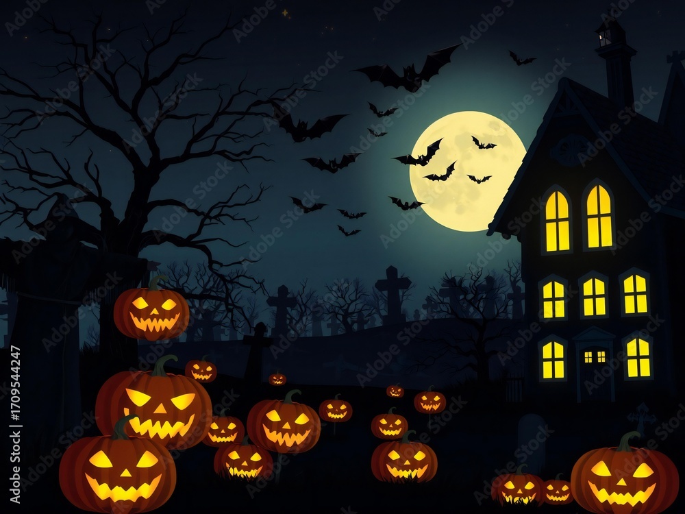 Fototapeta premium Spooky halloween scene with carved pumpkins haunted house and full moon
