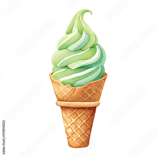Watercolor Green Tea Soft Serve Ice Cream Cone Illustration.