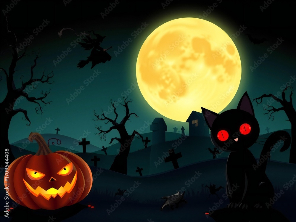 Fototapeta premium Spooky halloween scene with a black cat glowing pumpkin and full moon