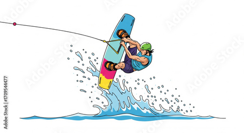 An illustration of a wakeboarder performing a trick, jumping high above the water with spray and a tow rope.