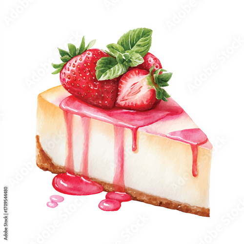 Watercolor illustration of a cheesecake slice with strawberries and sauce.