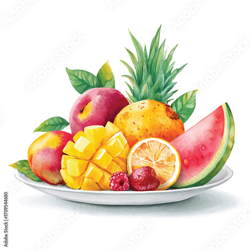Watercolor illustration of a fruit plate with mango peach watermelon and pineapple.