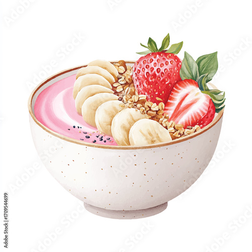 Watercolor illustration of a healthy pink smoothie bowl with fresh fruits and granola.