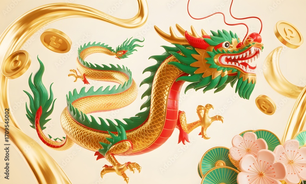 Fototapeta premium Celebrate the Lunar New Year with a vibrant golden dragon and lucky coins for prosperous beginnings