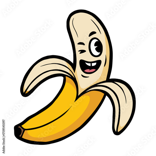 Winking cartoon banana character with a playful grin, perfect for fun food marketing and playful designs.