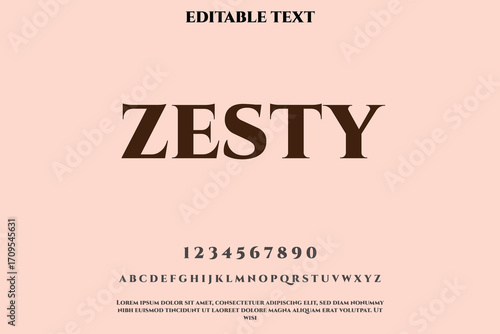 Elegant serif font zesty displaying uppercase letters and numbers