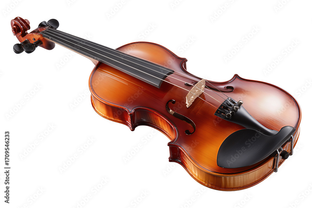 Fototapeta premium Elegant full violin showing warm varnish tones, spruce figure and matching bow, isolated on transparent background.