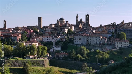 Wallpaper Mural Aerial view of Bergamo Città Alta, Italy. Medieval cityscape with historic architecture, cinematic drone footage of Lombardy’s old town and UNESCO site. Torontodigital.ca