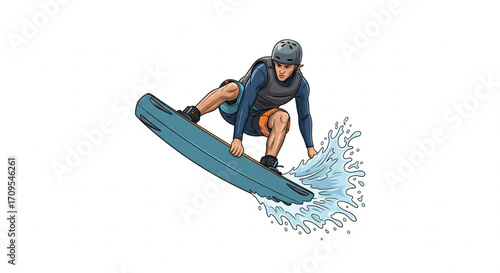 A cartoon illustration of a wakeboarder performing a dynamic trick above water.