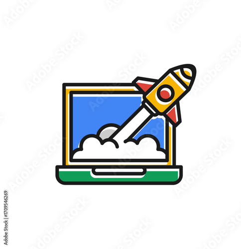Business startup launch concept with a rocket flying out of a laptop screen, symbolizing rapid growth, innovation, and technological development