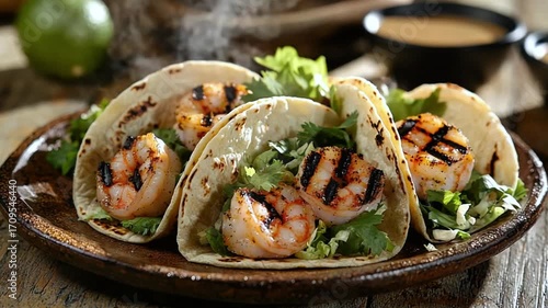 Three delicious grilled shrimp tacos with fresh cilantro served on a rustic wooden plate. Authentic mexican street food with shrimp and corn tortillas, healthy seafood lunch with fresh prawns and cori