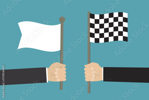 Winner and loser. Successful completion of the task. Businessman hand holds finish flag. Loser holds white flag, give up. Tasks or project completed or failed.